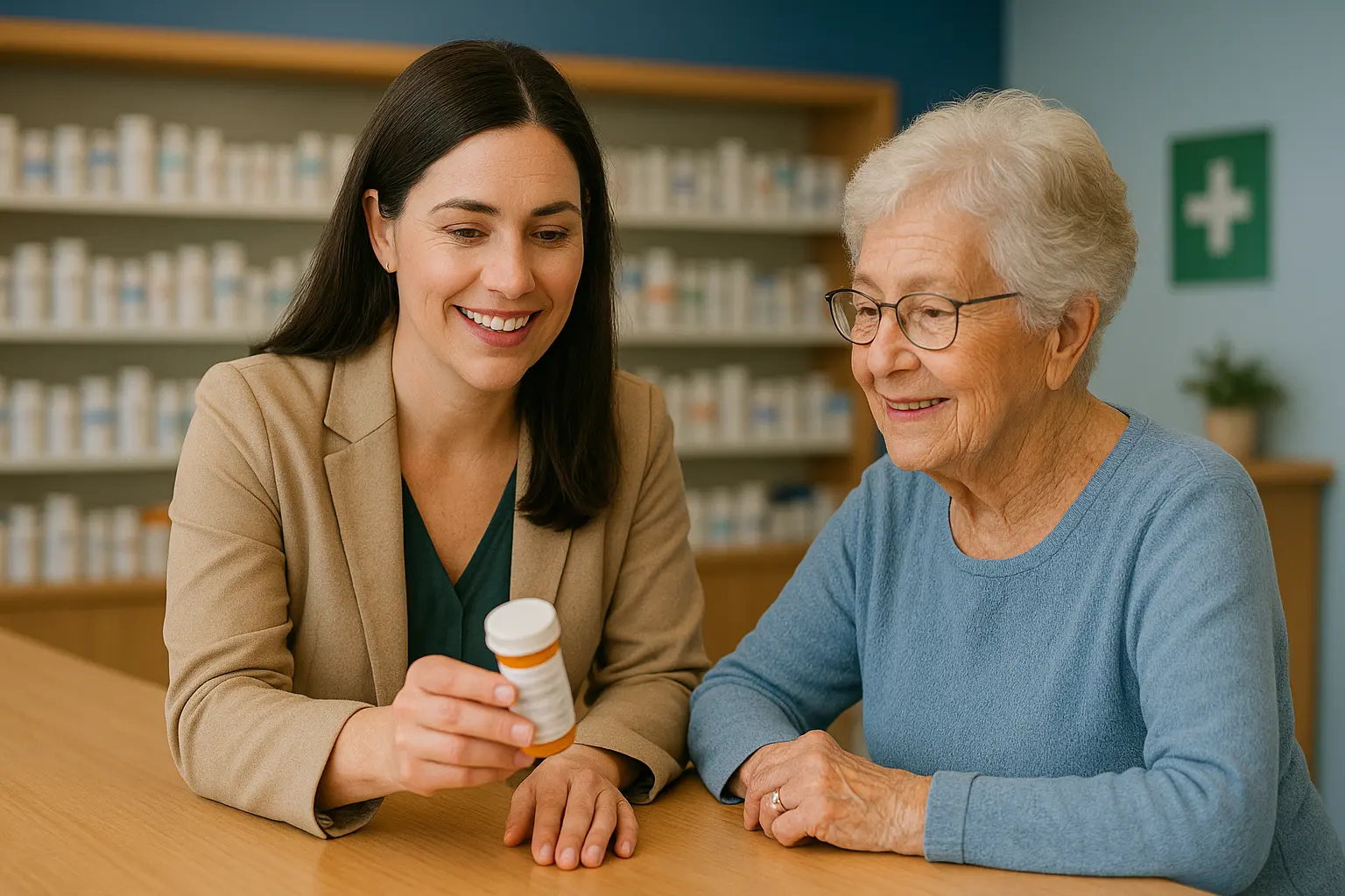 A young woman showing a medication bottle to a senior woman in a library